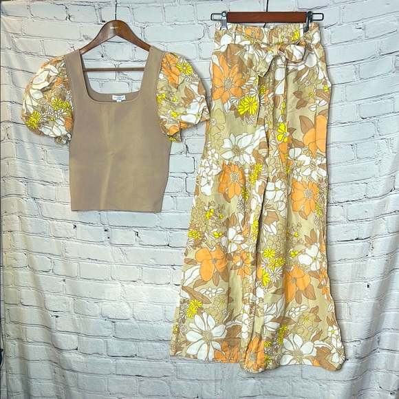 Current Air Floral Puff Sleeve Top and Wide-Leg Pants Set...